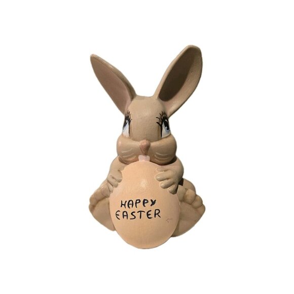 Vintage Pink Happy Easter Bunny Holding Easter Egg Holiday Figurine Statue - Picture 2 of 3